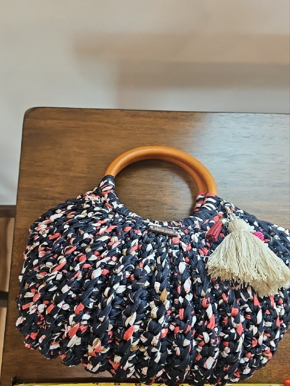 Hand Crocheted Black And Rose T-shirt Yarn Tote with Tassel - Picture 3 of 4